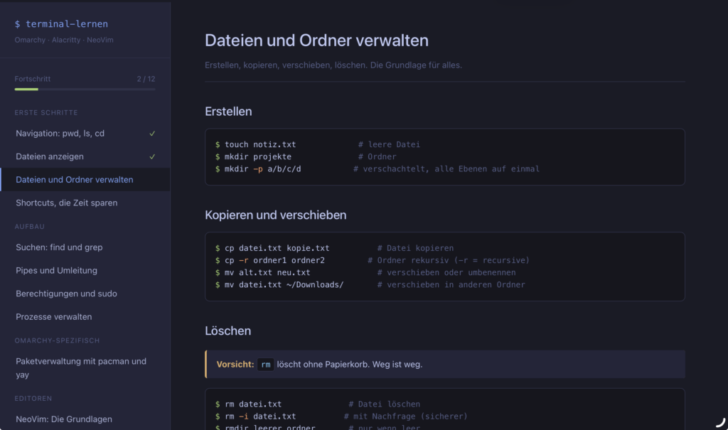 Screenshot learning platform for terminal commands (in German)